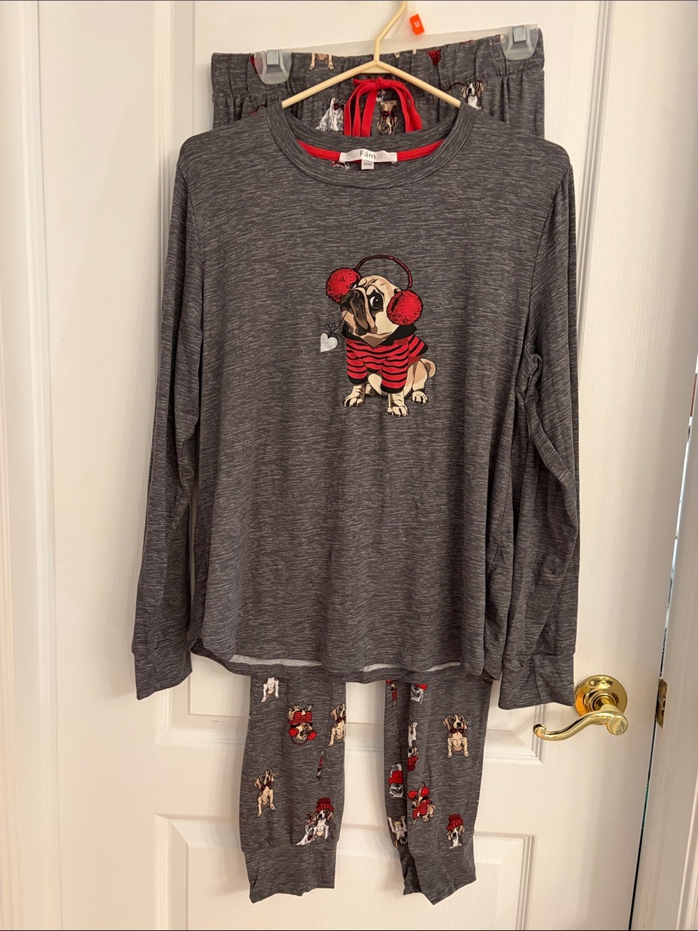 Women's Grey Pug Print Long Sleeve Pajama Set with Red Accents
